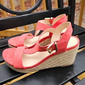 Kenneth Cole REACTION Card T-Strap Wedge Espadrille - Lipstick Coral Sz 7
